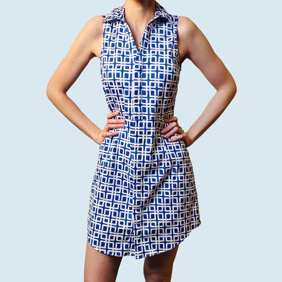 Vintage Julie Brown Mod Blue & White Sleeveless Dress – Size 4 –‎ 60s Style - Picture 1 of 12